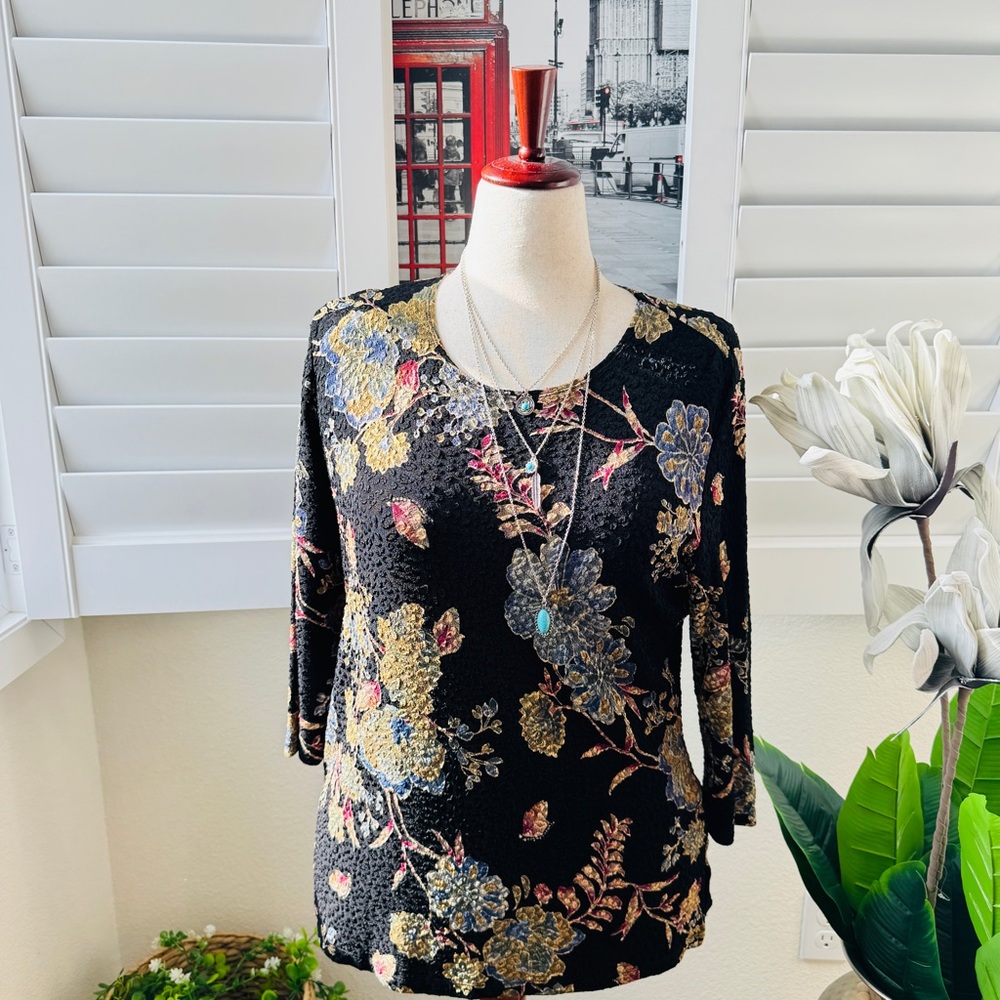 JM Collection Black Floral Textured Blouse with Gold and Blue Accents
